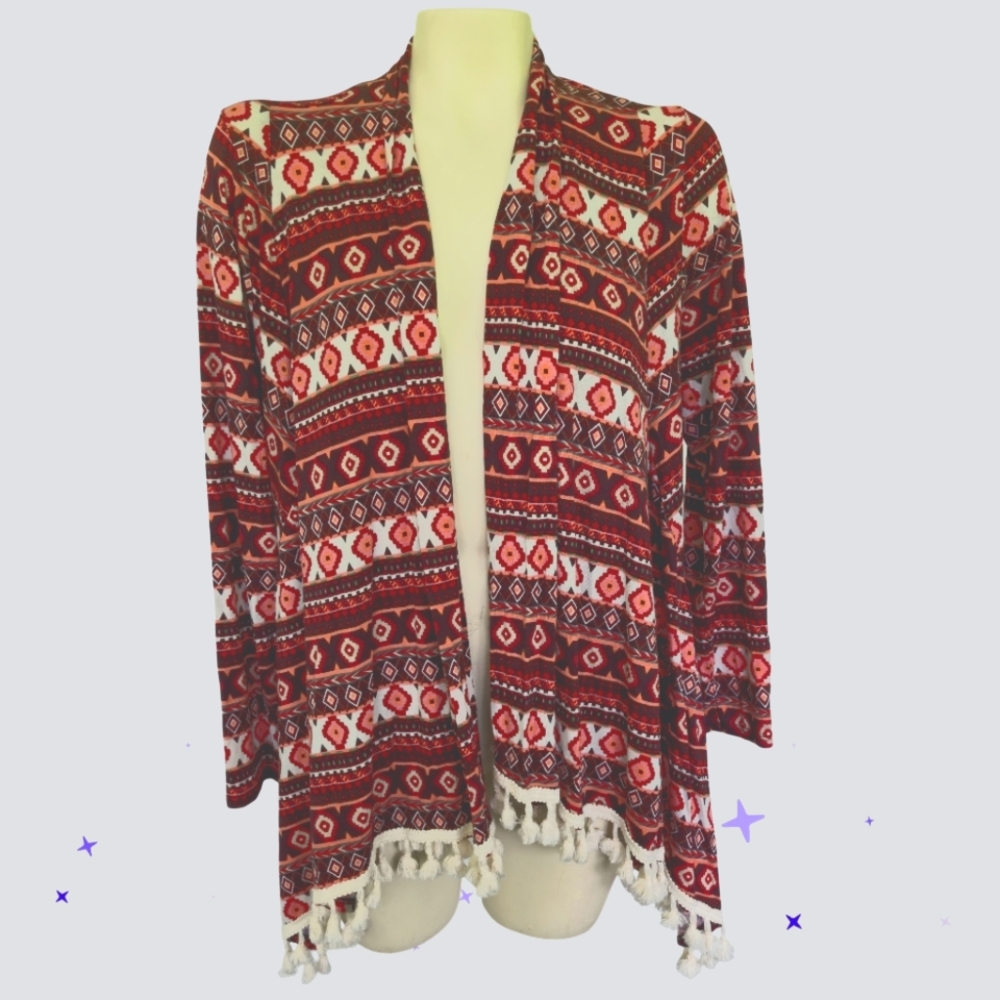 LA ROPAS Flowy Tassled Aztec Native Design Long Sleeve Kimono Red Cream Medium